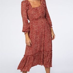 Pink Blush-Size M-Rust Floral Square Neck Long Sleeve Maternity Midi Dress